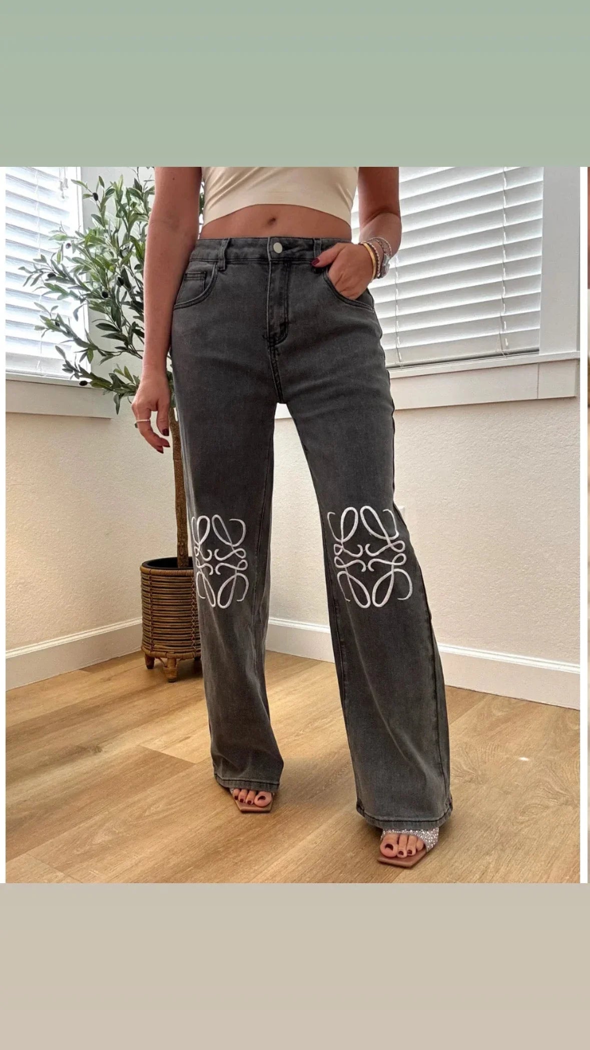 High-Rise Straight Leg Jeans with Embroidered Knee Detail - Gray