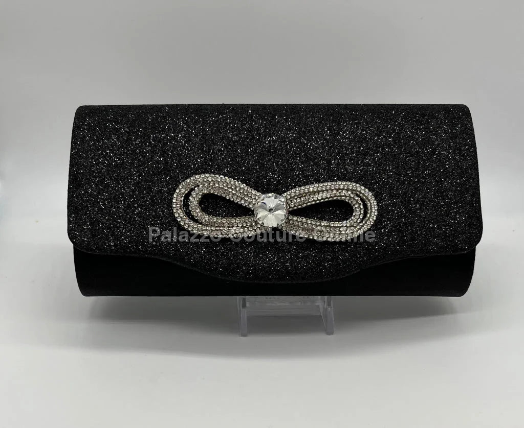 Infinity Glitter Black Bow Clutch with Rhinestone Accent