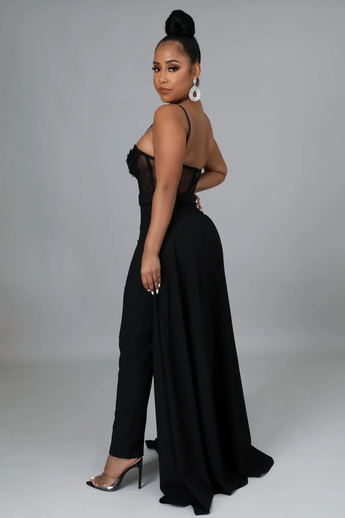I’m So Into You Black Jumpsuit with Lace and Sheer Bodice Detail