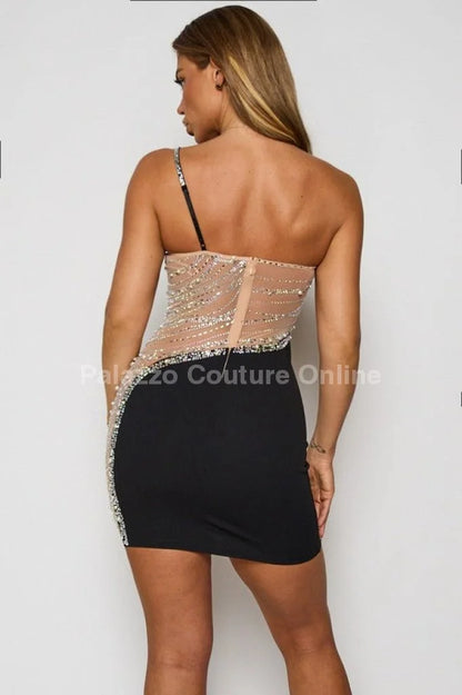 Karla Rhinestone/ Pearl Stud  Mini Dress (Black)