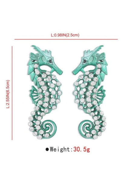Large Seahorse Earrings Full Rhinestone Drop  (Green)