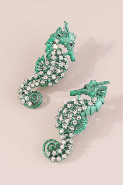 Large Seahorse Earrings Full Rhinestone Drop  (Green)