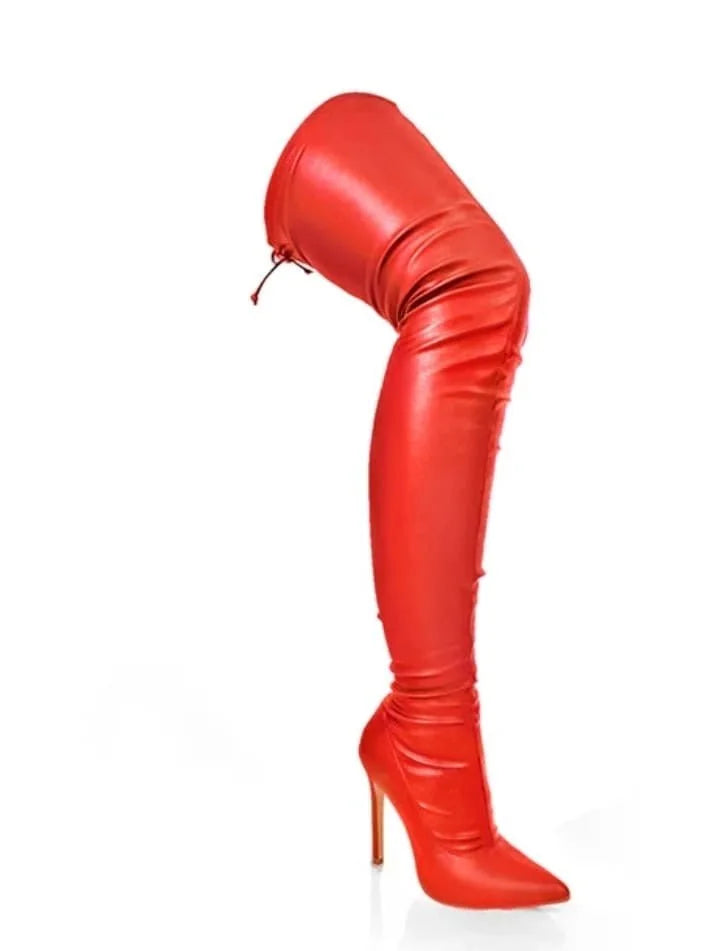 Pu Leather Gisele-50 Pointed Toe Over The Knee Boots -Red