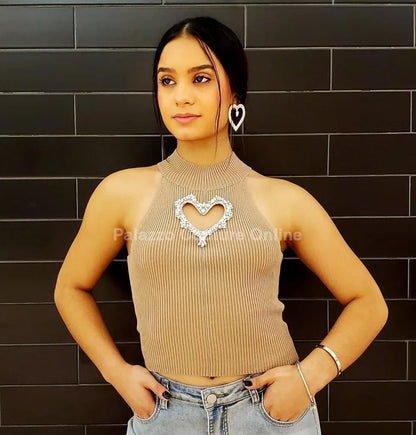 Lovely Heart Cutout Top – Beige Knit Turtleneck