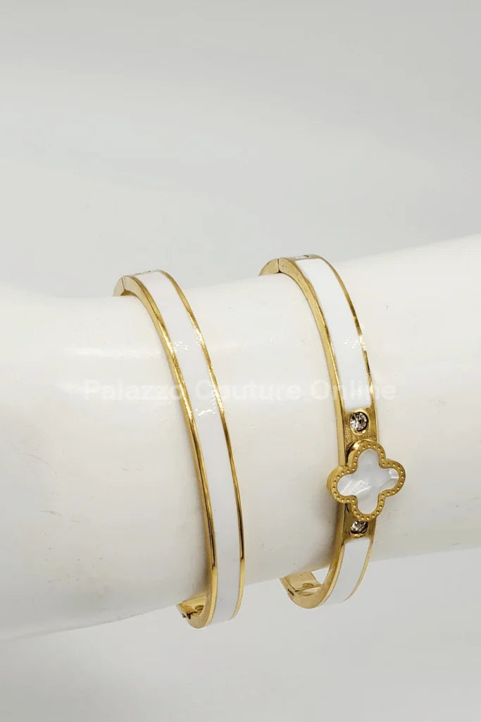 Lucky Clover Narrow Enamel Hinged Bangle Clover (White )