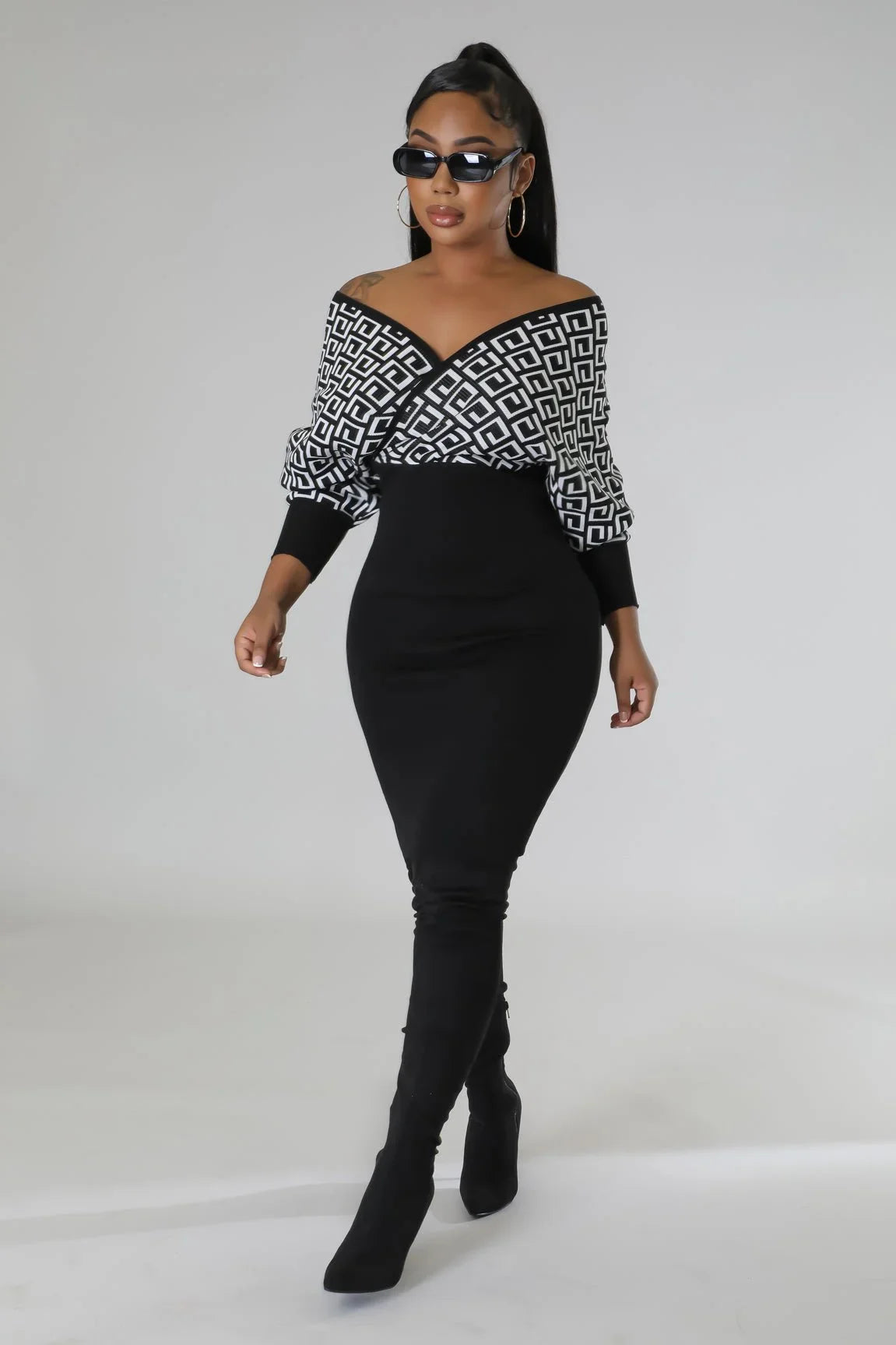 Lumina Babe Knit Midi Dress with Off-Shoulder V Neck