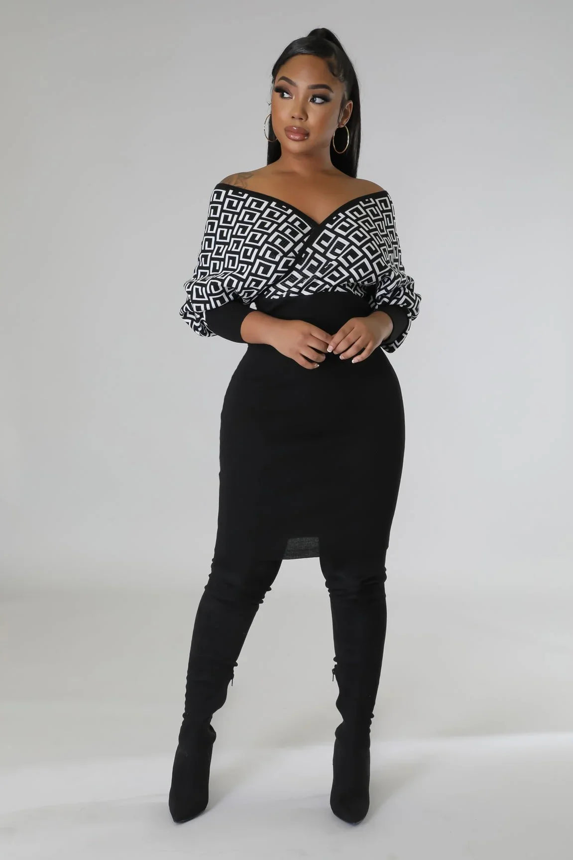 Lumina Babe Knit Midi Dress with Off-Shoulder V Neck
