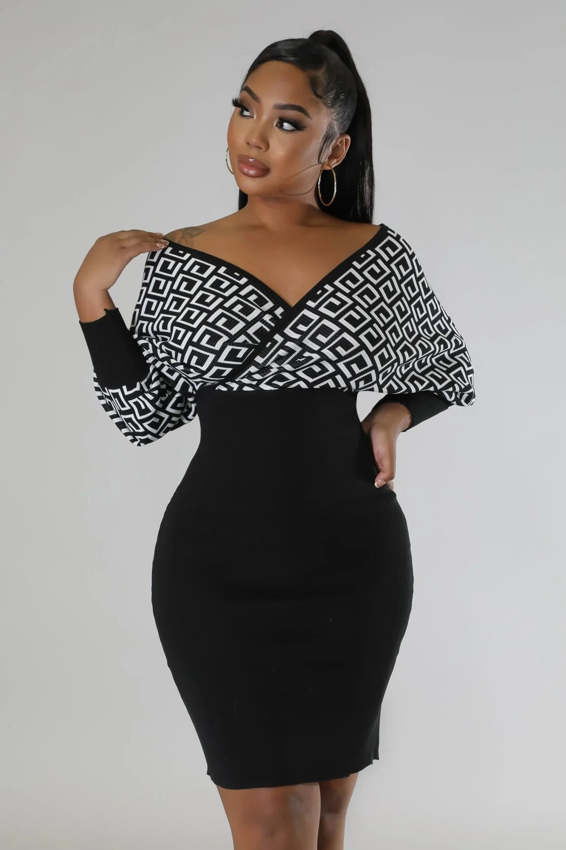 Lumina Babe Knit Midi Dress with Off-Shoulder V Neck