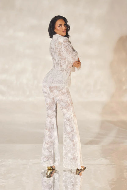 Luxe Lace Blazer & Flare Pant Set - White