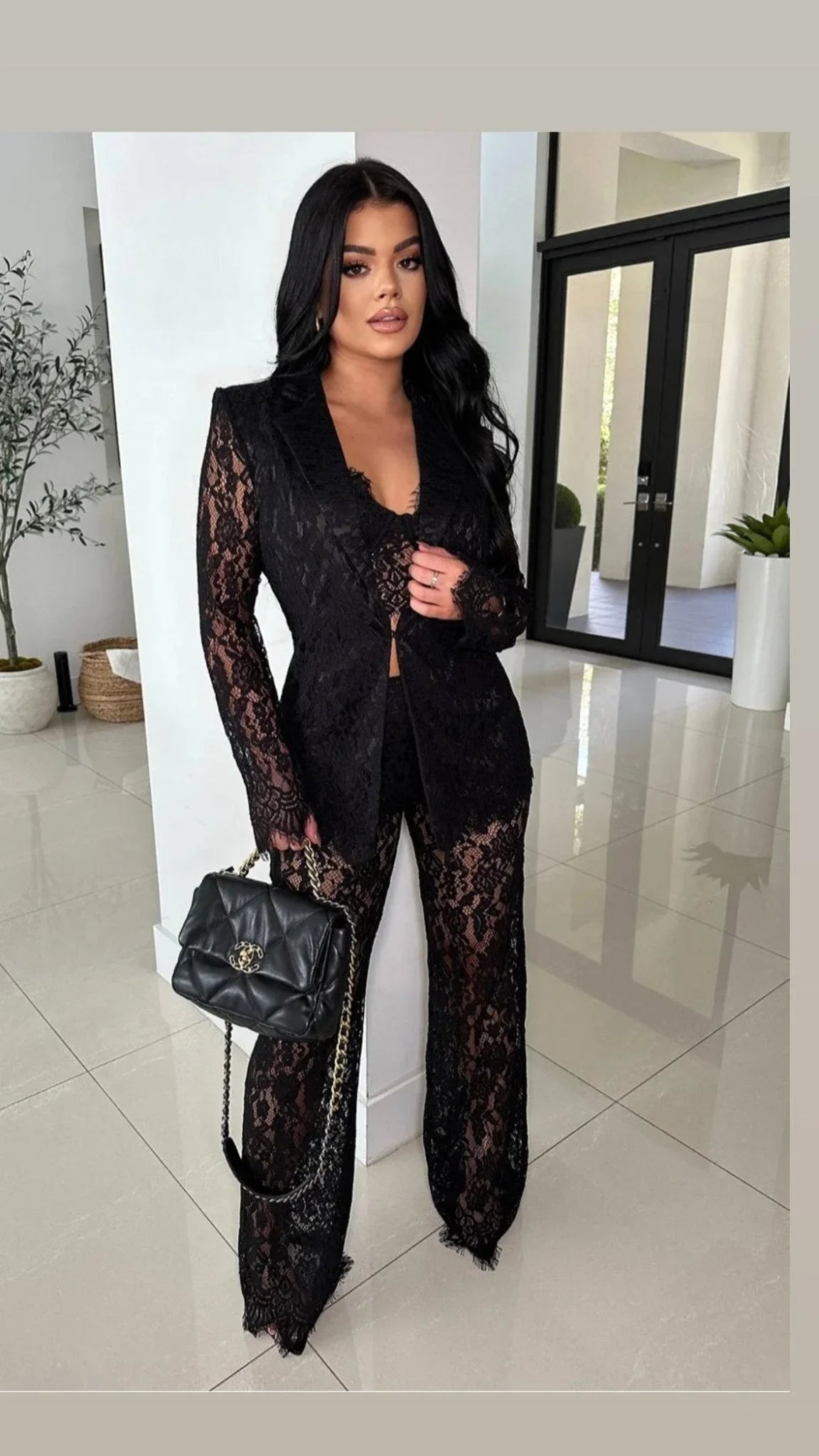 Luxe Lace Elegance 3-Piece Pant Set -Black