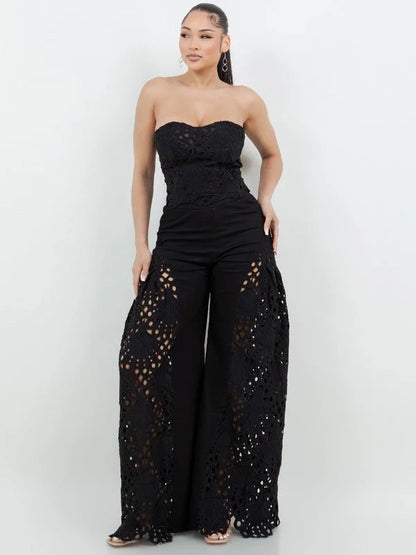 Luxe Lace Strapless Corset & Wide Leg Pant Set -  Black