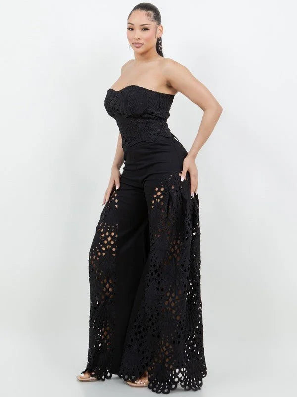 Luxe Lace Strapless Corset & Wide Leg Pant Set -  Black