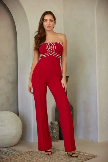 Luxe Rhinestone Strapless Jumpsuit (red)
