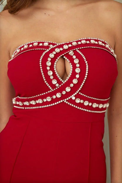 Luxe Rhinestone Strapless Jumpsuit (red)