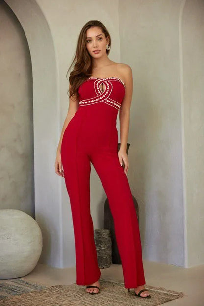 Luxe Rhinestone Strapless Jumpsuit (red)