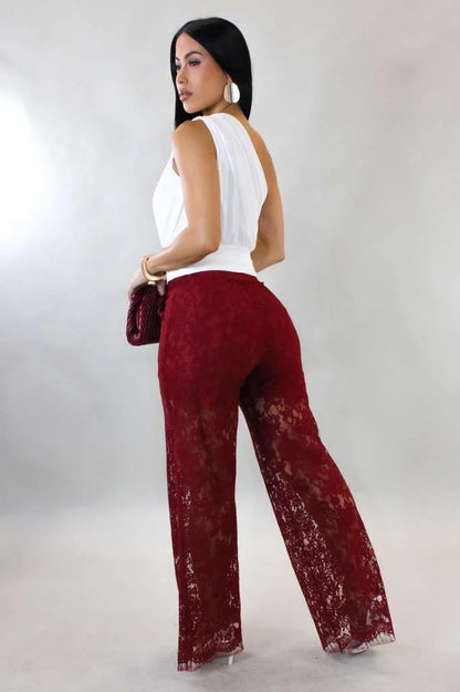 Luxe Sheer Lace Wide-Leg Pants - Wine