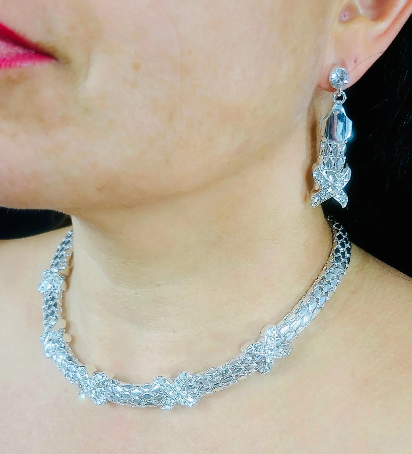 Luxe X-Cross Necklace Set (Silver)