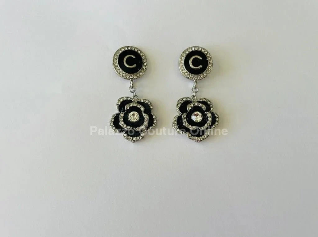 Luxury Flower Drop Earrings – Black and Gold Crystal Statement