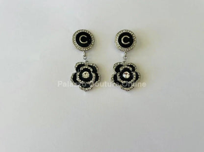 Luxury Flower Drop Earrings – Black and Gold Crystal Statement