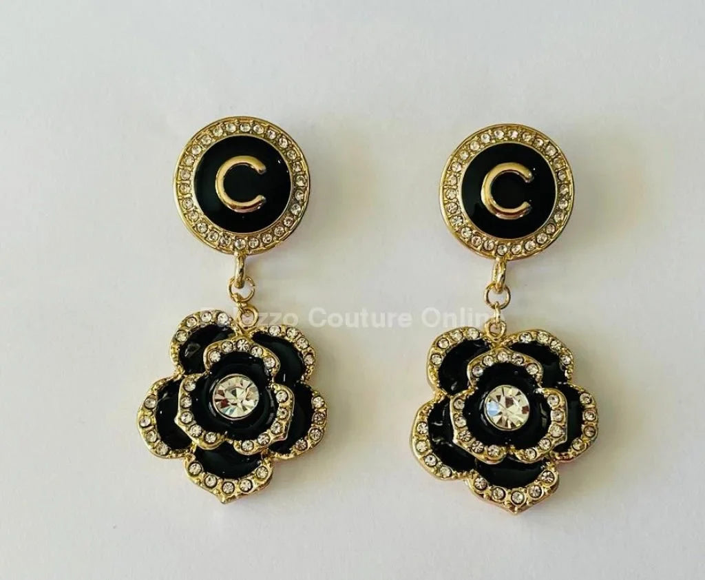 Luxury Flower Drop Earrings – Black and Gold Crystal Statement
