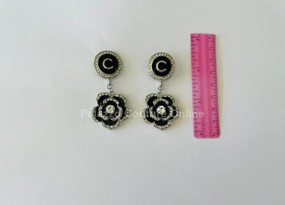 Luxury Flower Drop Earrings – Black and Gold Crystal Statement