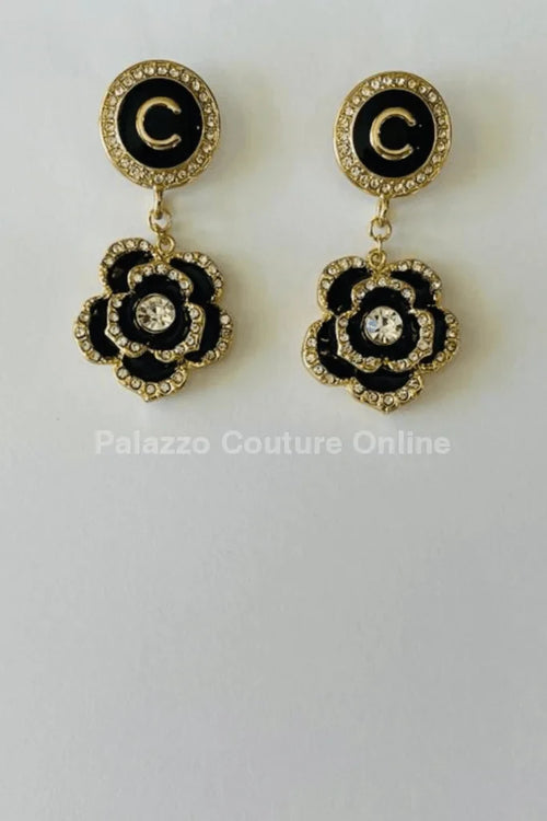 Luxury Flower Drop Earrings – Black and Gold Crystal Statement