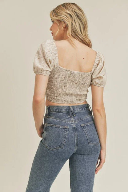 Marble Crop Top with Sweetheart Neckline and Tie Detail