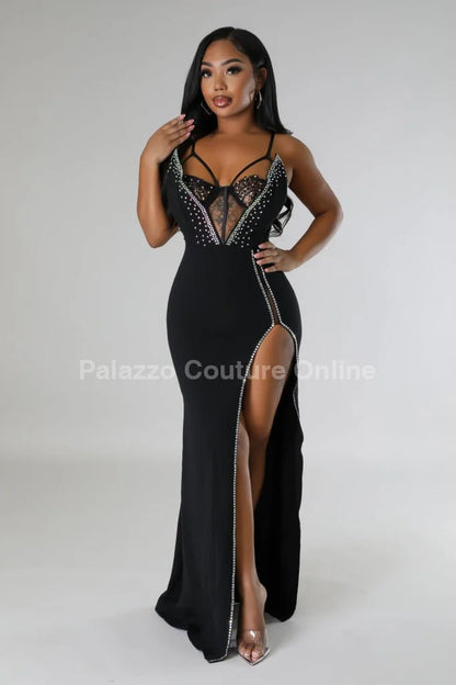 Marcia Glam Black Maxi Dress with Corset Style