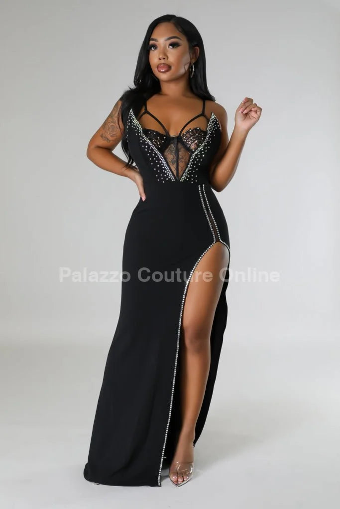 Marcia Glam Black Maxi Dress with Corset Style