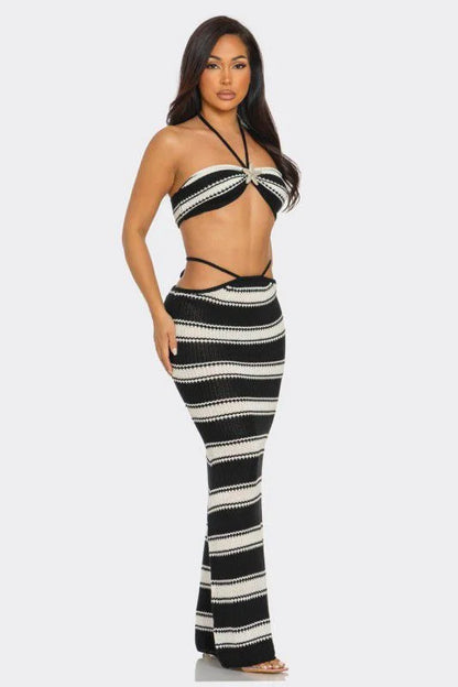 Marina Noir Striped Crochet Skirt Set – Black & Beige