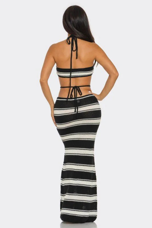 Marina Noir Striped Crochet Skirt Set – Black & Beige