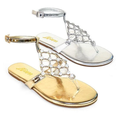 Marlo Rhinestone Faux Jeweled Flat Sandals -Silver