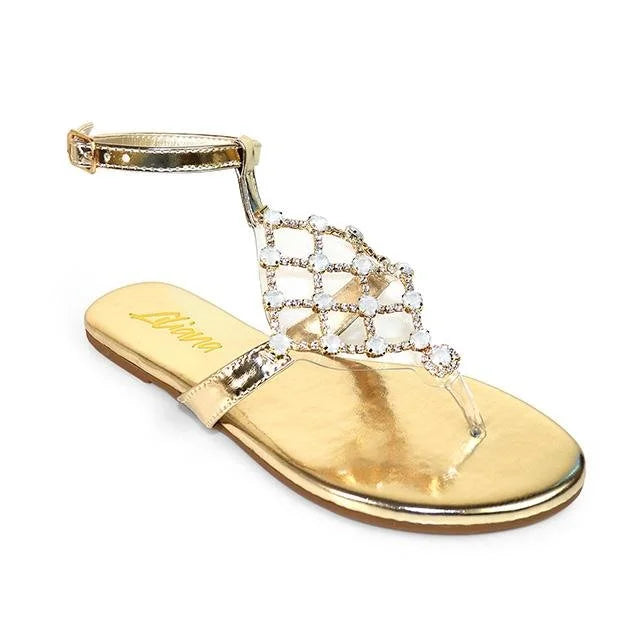 Marlo Rhinestone Faux Jeweled Flat Sandals -Gold