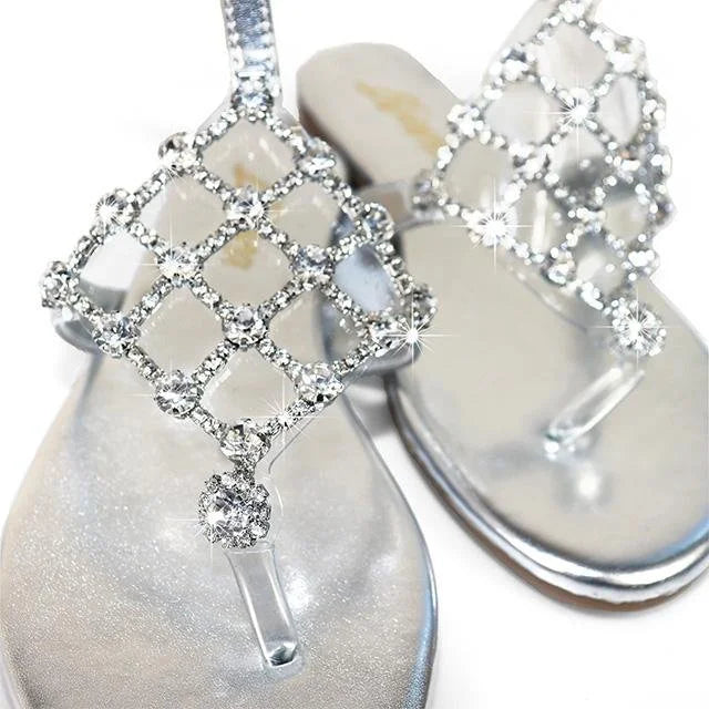 Marlo Rhinestone Faux Jeweled Flat Sandals -Silver