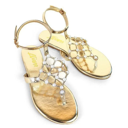 Marlo Rhinestone Faux Jeweled Flat Sandals -Gold