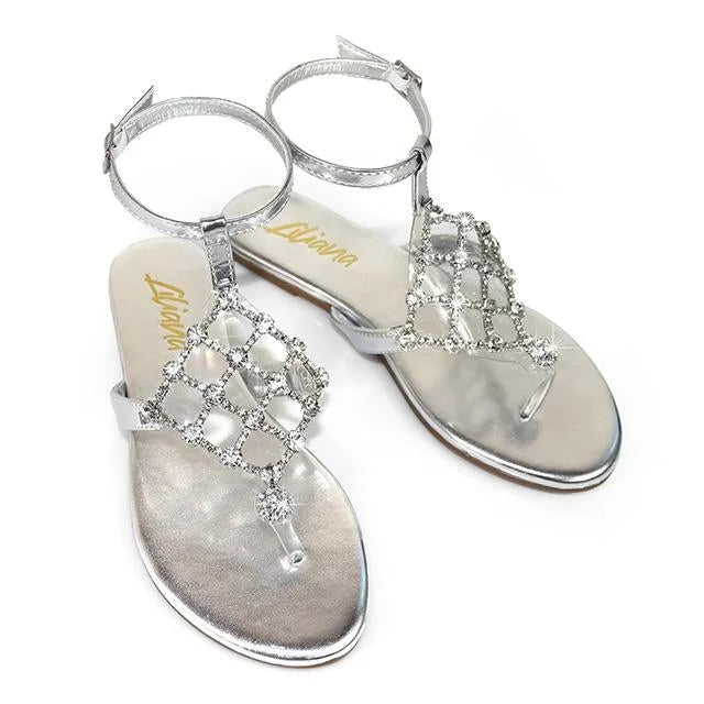Marlo Rhinestone Faux Jeweled Flat Sandals -Silver