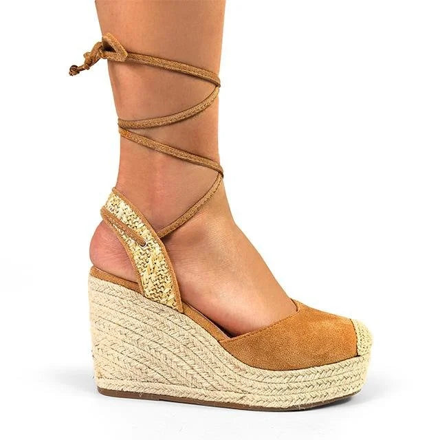 Mel Wrap Espadrille Wedge Sandals in Light Tan