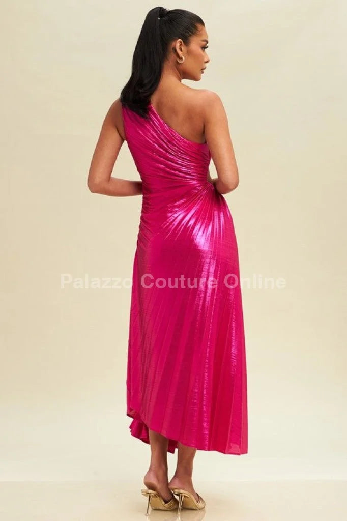 Metallic Cutout  Pleated Maxi Dress (Fushsia)