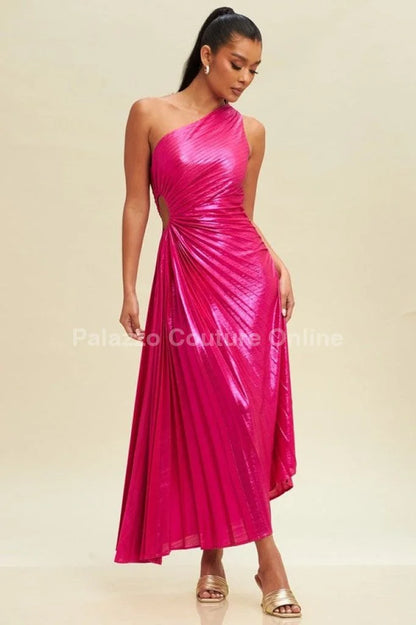 Metallic Cutout  Pleated Maxi Dress (Fushsia)