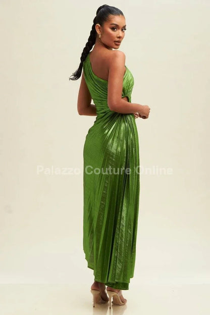 Metallic Cutout Pleated Maxi Dress (Moss)