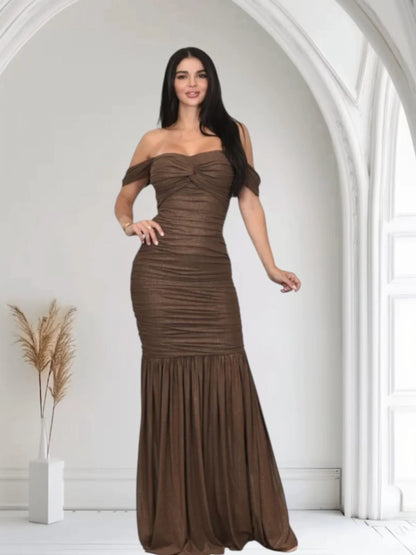Metallic Gold Foil On Ruched Mesh Maxi Dress - Chocolate