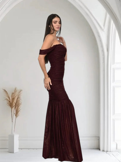 Metallic Gold Foil On Ruched Mesh Maxi Dress - Merlot