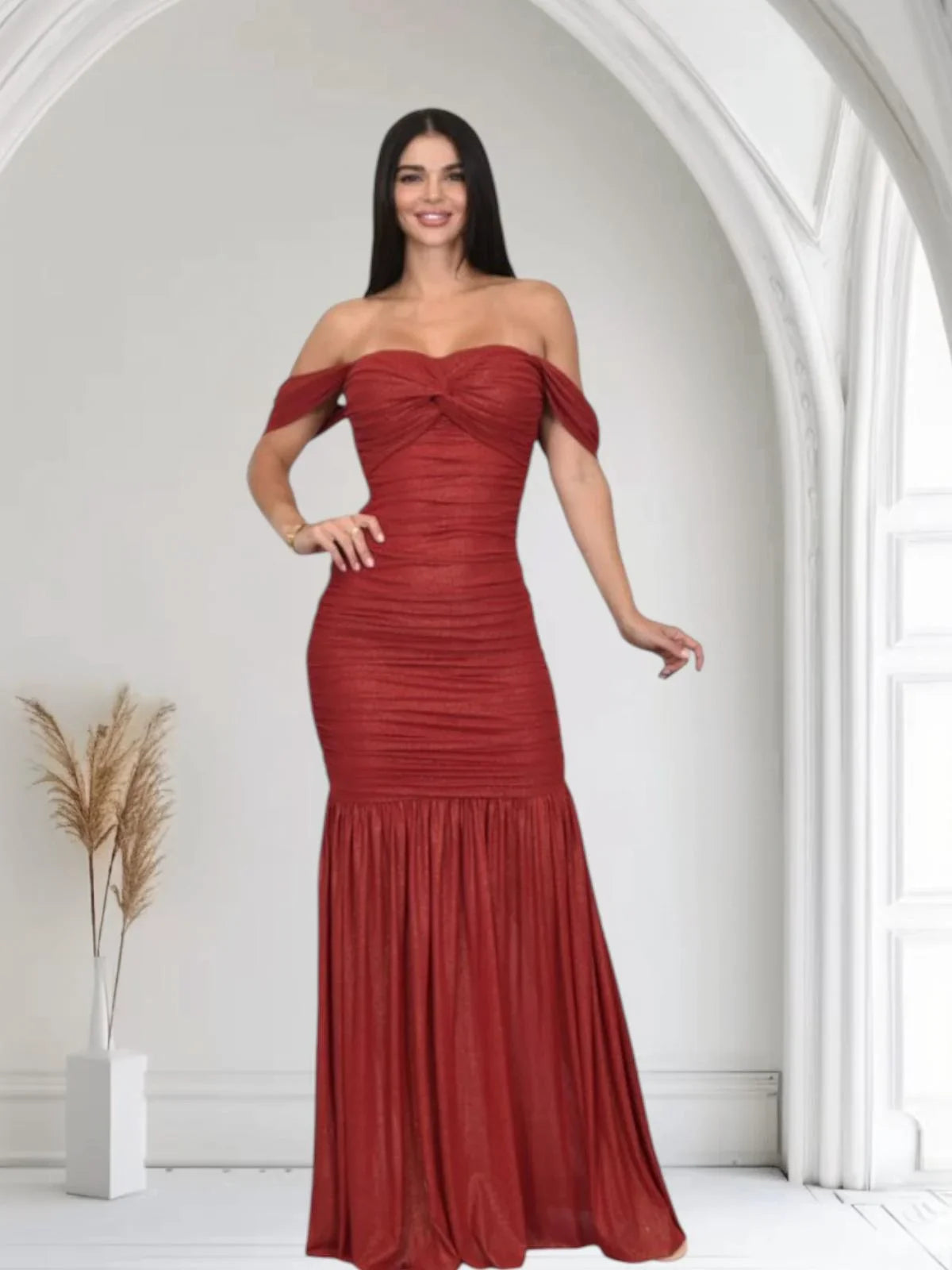 Metallic Gold Foil On Ruched Mesh Maxi Dress - Red