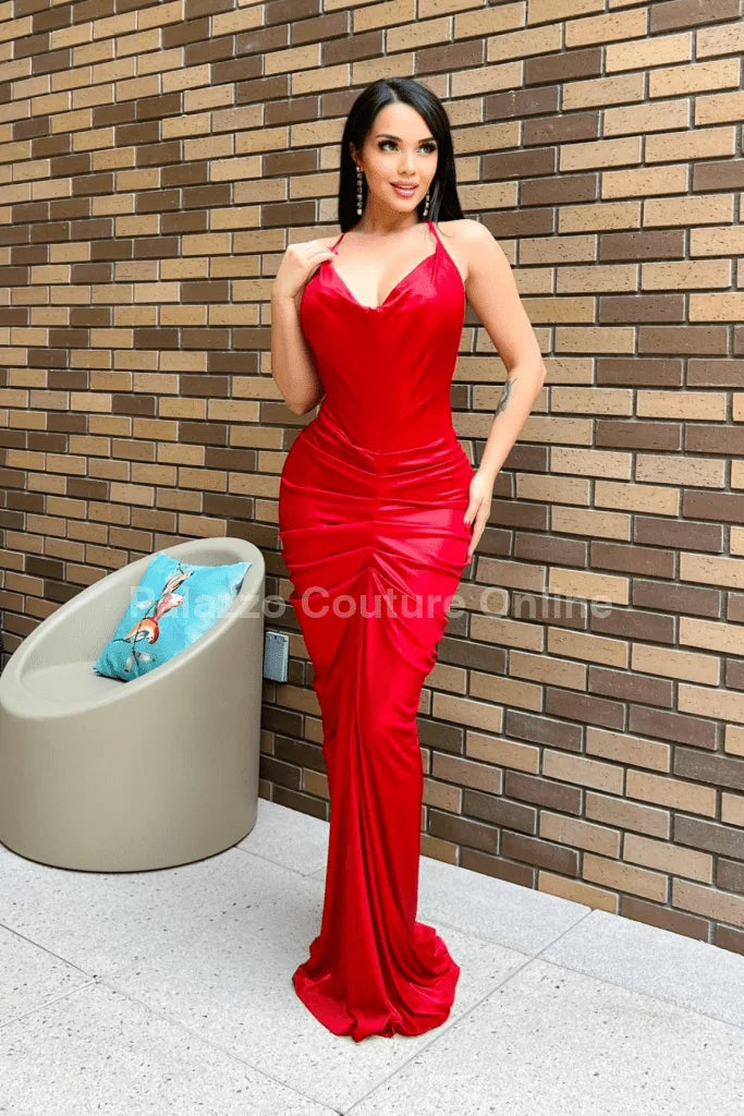 Luxe Draped Evening Gown Dress (Red)