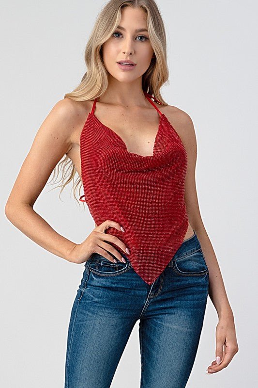 Metallic Rhinestone Backless Cowl Red Crop Top