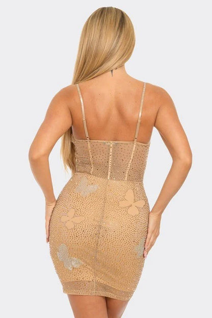 Midnight Butterfly Nude Mini Dress with Rhinestones