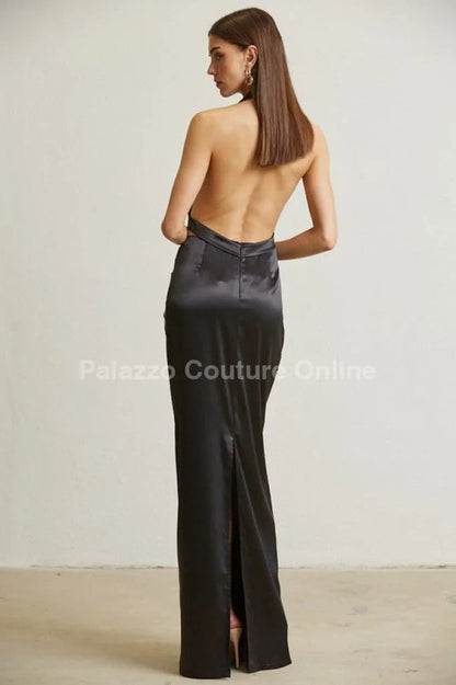Midnight Elegance Black Satin Dress – Pleated Maxi Gown
