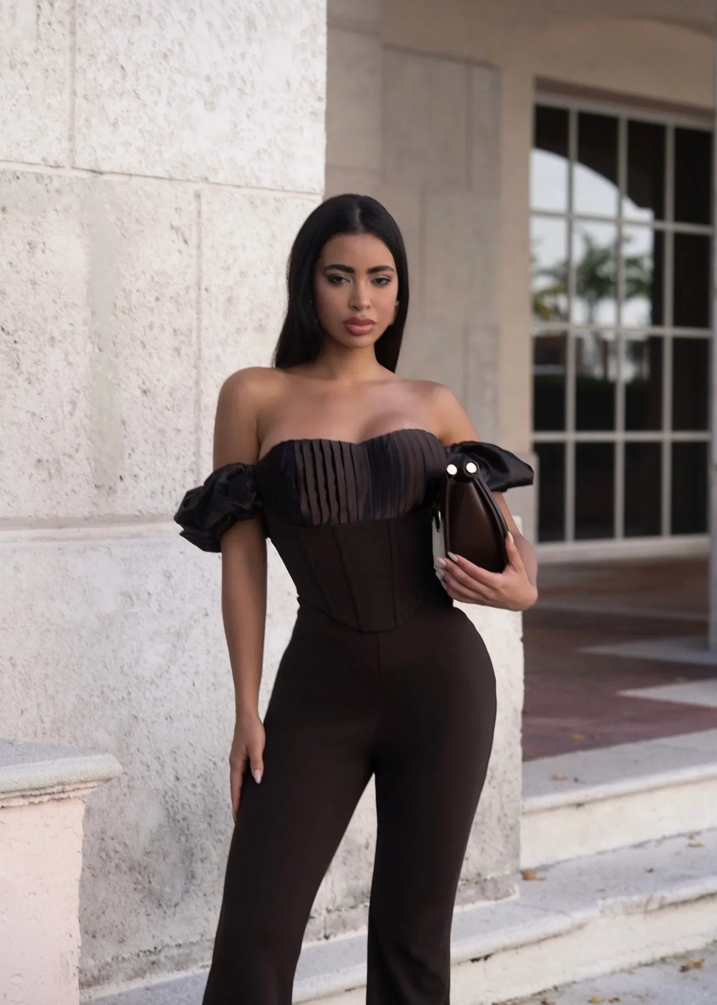 Midnight Muse Off-Shoulder Corset Jumpsuit - Chocolate