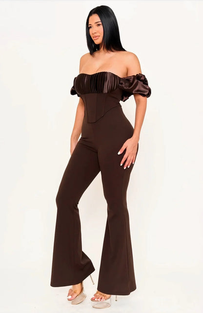 Midnight Muse Off-Shoulder Corset Jumpsuit - Chocolate