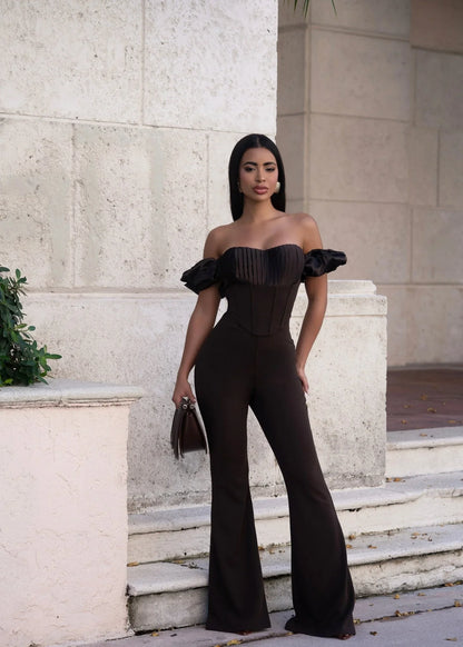 Midnight Muse Off-Shoulder Corset Jumpsuit - Chocolate